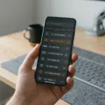 Hand hält Smartphone mit IPTV Line kaufen Playlist in einem Homeoffice