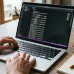 Hände bearbeiten eine M3U-Playlist am Laptop für IPTV