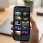 Hand hält Smartphone mit IPTV-App für Test der besten Anbieter